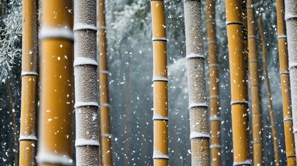 Fototapeta premium Bamboo forest during snowfall, light dusting of snow clinging to the stalks