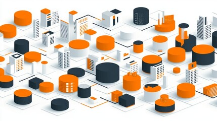 Abstract isometric network visualization design with connecting dots and geometric shapes data stream concept for modern technology background