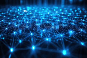 A futuristic abstract wireframe mesh structure, glowing neon blue, representing digital technology and AI innovation.
