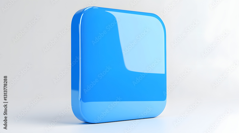 Poster blank mobile application icon, button - blue square with round corners. 3d rendering, white backgrou