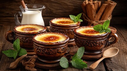 Creamy dessert served in ornate bowls with mint leaves, cinnamon sticks, and milk pitcher on rustic table