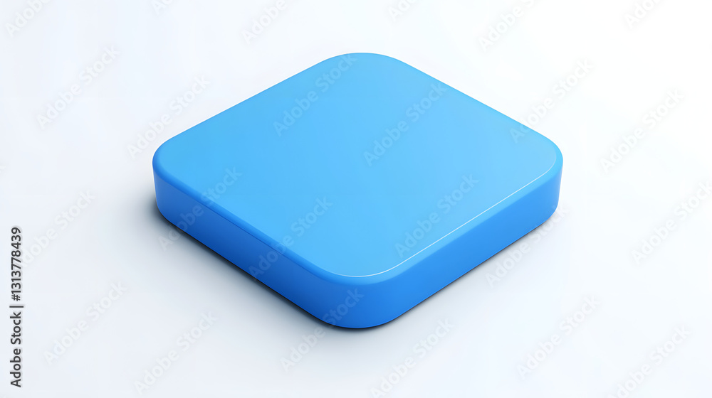 Poster blank mobile application icon, button - blue square with round corners. 3d rendering, white backgrou
