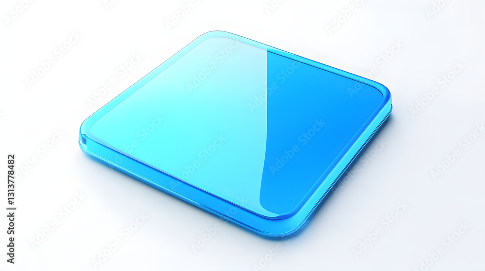 Poster blank mobile application icon, button - blue square with round corners. 3d rendering, white backgrou
