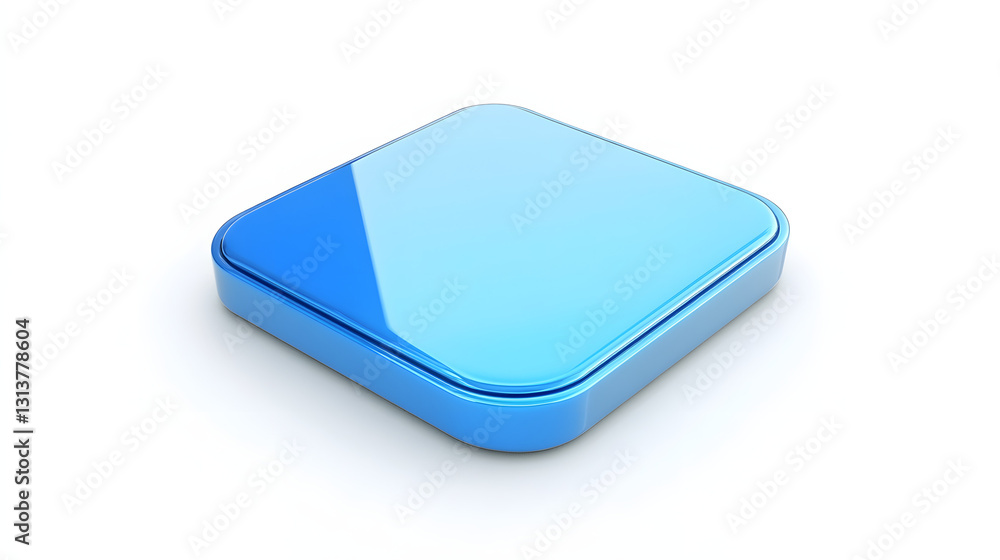 Poster blank mobile application icon, button - blue square with round corners. 3d rendering, white backgrou