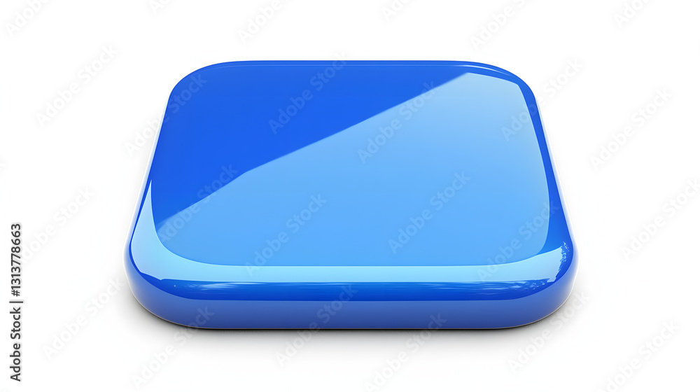 Poster blank mobile application icon, button - blue square with round corners. 3d rendering, white backgrou