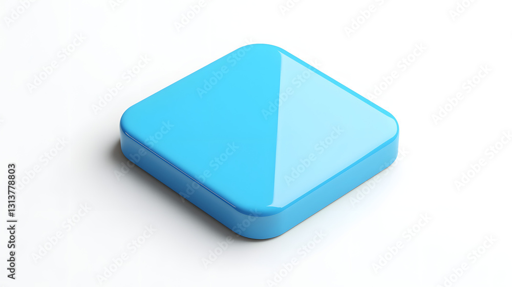Poster blank mobile application icon, button - blue square with round corners. 3d rendering, white backgrou