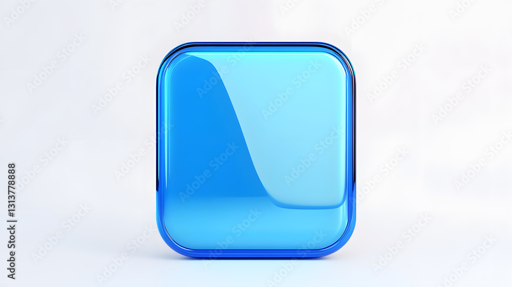 Poster blank mobile application icon, button - blue square with round corners. 3d rendering, white backgrou