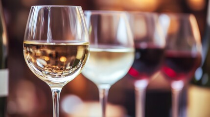 Wine glasses showing variety of white and red wine in warm restaurant setting