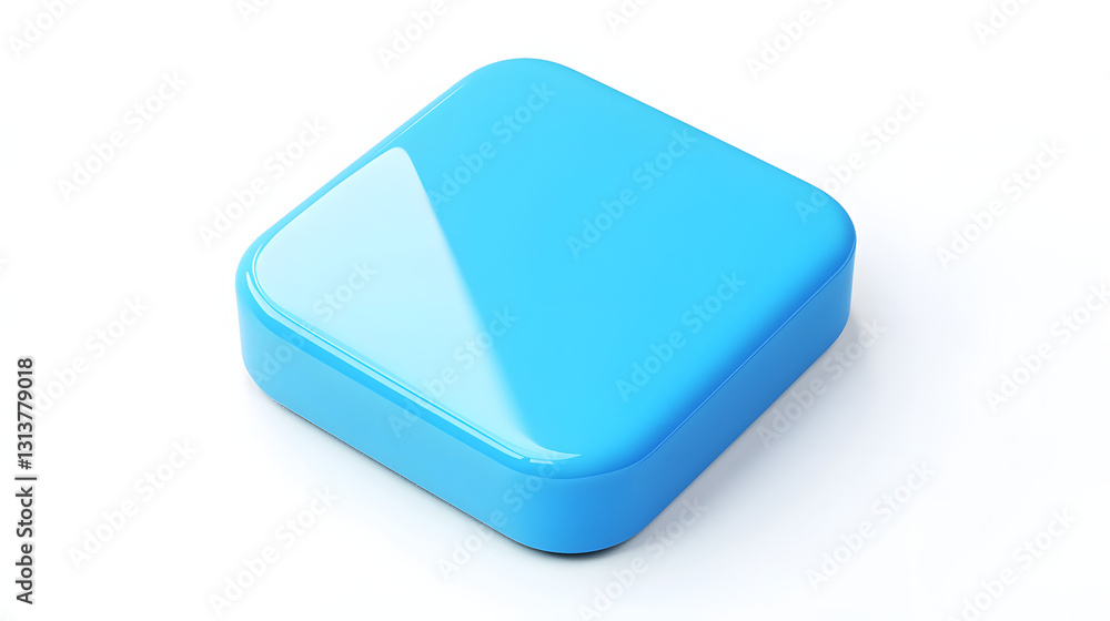 Poster blank mobile application icon, button - blue square with round corners. 3d rendering, white backgrou