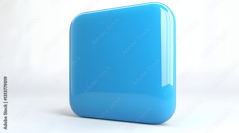Poster blank mobile application icon, button - blue square with round corners. 3d rendering, white backgrou