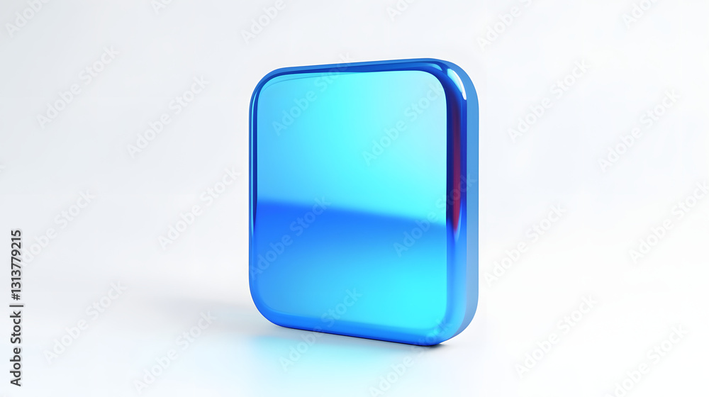 Poster blank mobile application icon, button - blue square with round corners. 3d rendering, white backgrou