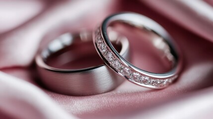 Two sleek silver wedding bands set against a rich satin fabric backdrop, showcasing their smooth finishes and elegant designs that symbolize everlasting love.