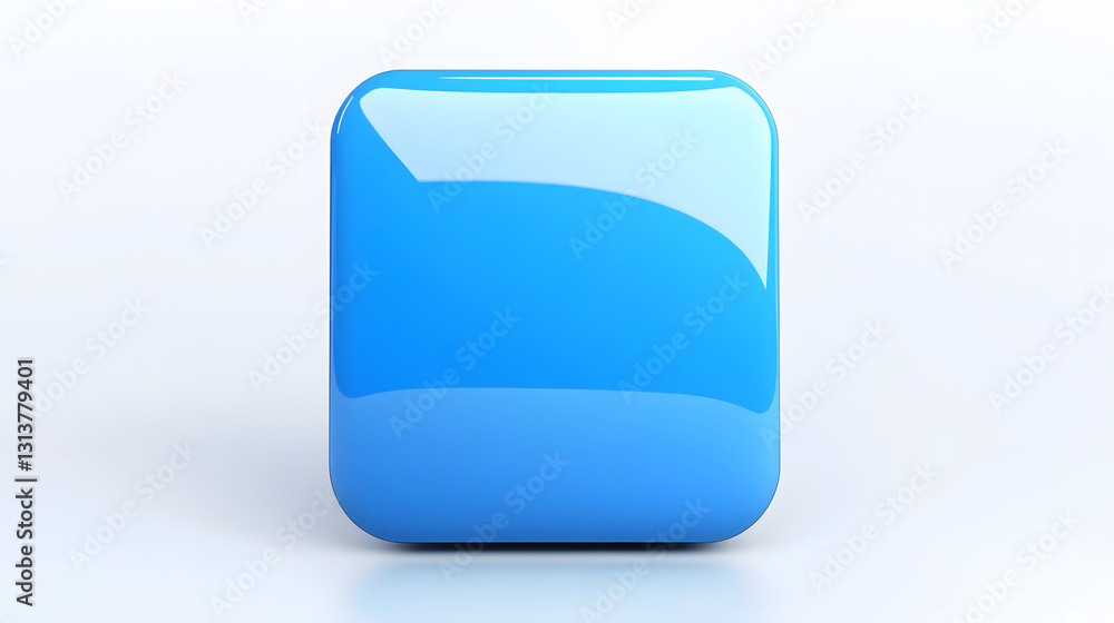 Poster blank mobile application icon, button - blue square with round corners. 3d rendering, white backgrou