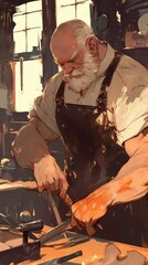 A Strong Old Craftsman Sharpening A Tool In His Workshop