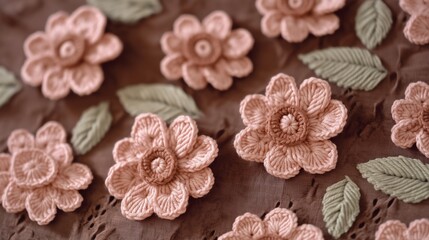 Delicate blush pink crocheted flowers and leaves carefully stitched onto a soft pink crochet pattern, set against a deep brown background for a vintage aesthetic.