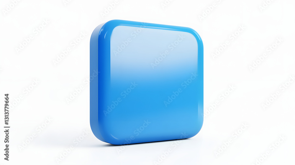 Poster blank mobile application icon, button - blue square with round corners. 3d rendering, white backgrou