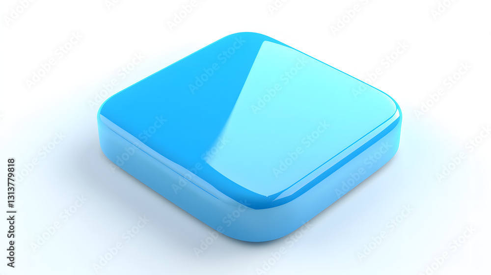 Poster blank mobile application icon, button - blue square with round corners. 3d rendering, white backgrou