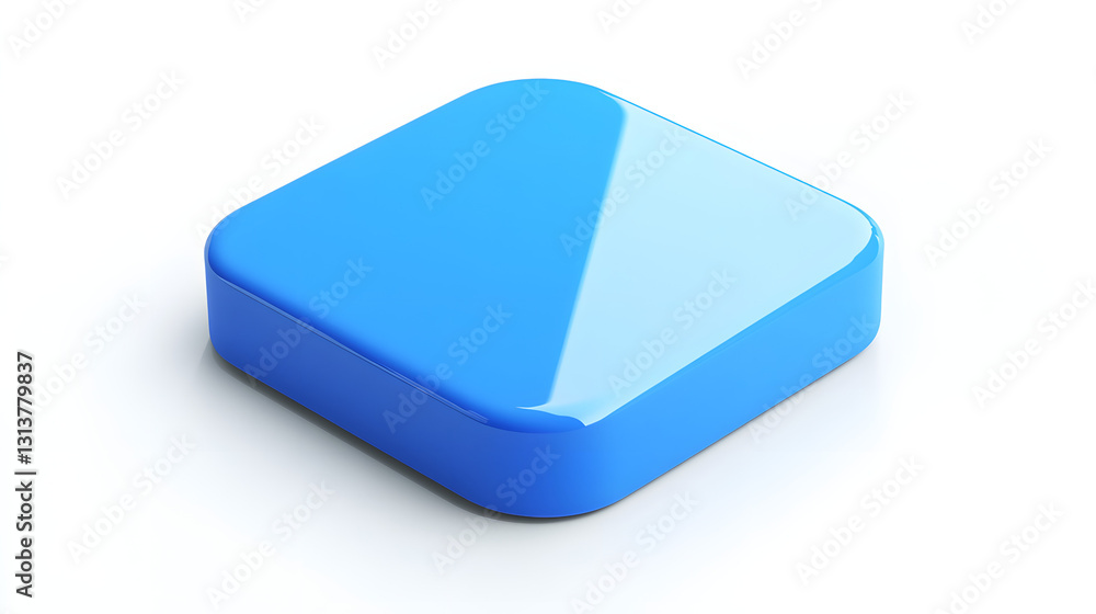 Poster blank mobile application icon, button - blue square with round corners. 3d rendering, white backgrou