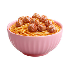 A Fluffy 3D Cartoon Bowl of Glowing Spaghetti and Meatballs Isolated on Transparent Background