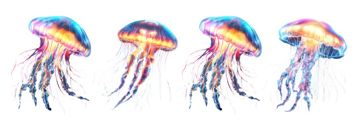 glowing jellyfish quartet on transparent background