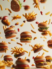 A bunch of hamburgers and french fries are flying through the air