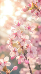 Obraz premium Cherry Blossom Serenity: Close-up shot of delicate pink cherry blossoms blooming on a branch, captured with soft focus, evoking feelings of spring, renewal, and natural beauty. 