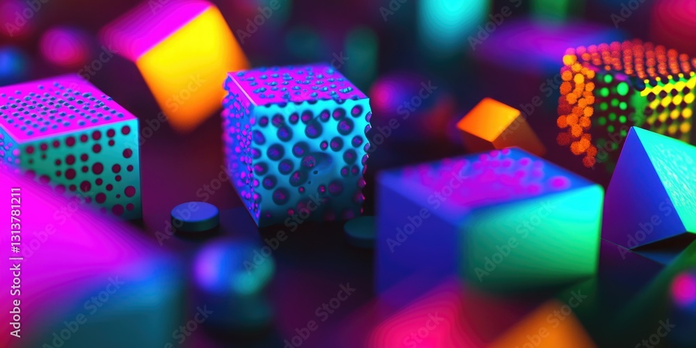 Poster a colorful array of cubes and spheres on a black background. the cubes are of various sizes and colo
