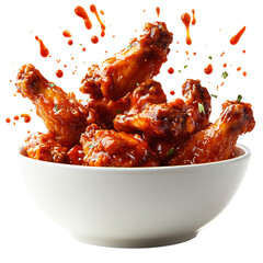 A Bowl of Spicy Buffalo Wings with Sauce Splattering Isolated on Transparent Background