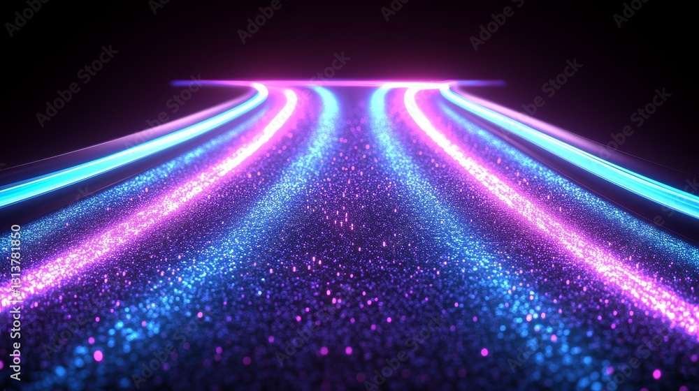 Poster abstract glowing light trails futuristic horizon graphic visualization shimmering digital data strea