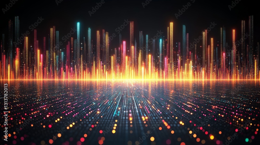 Aufkleber futuristic city skyline with vibrant illuminated structures and shimmering reflections creating a di