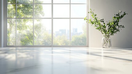 bright modern room with large window and marble countertop