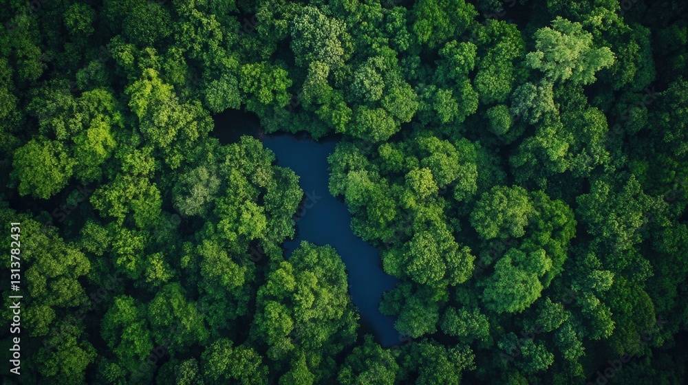 Poster Lush green forest canopy with hidden lake surrounded by trees in a tranquil natural setting Generative AI