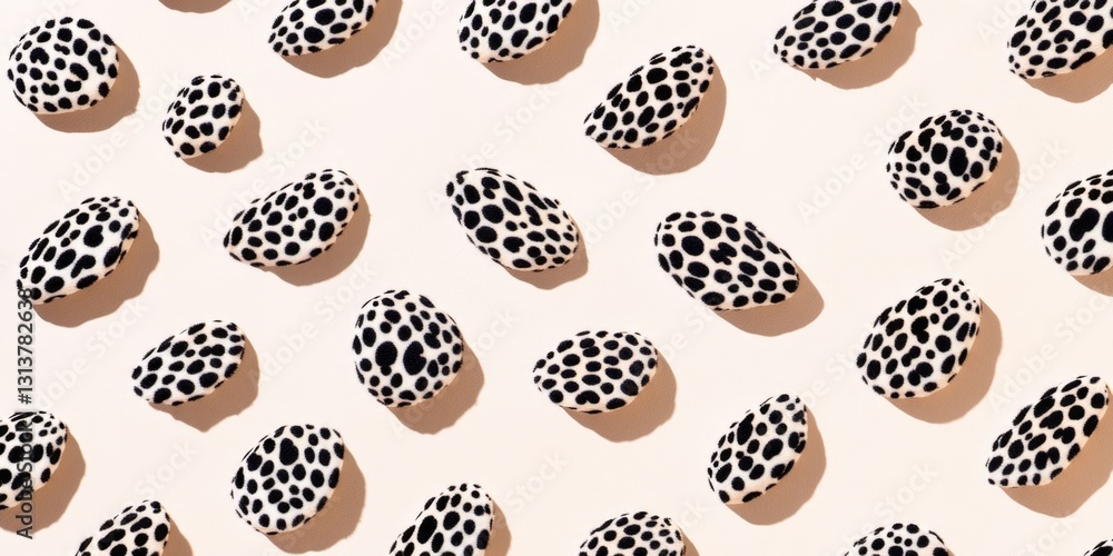 Poster a close up of a pattern of black and white polka dots. the dots are scattered across the image, crea