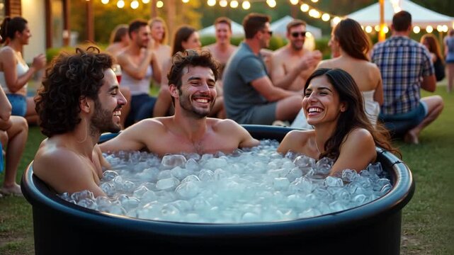Video of people in a party setting relaxing in an ice bath; warm lights and outdoor vibes emphasize fun and social bonding concepts. Ice bath pod concept