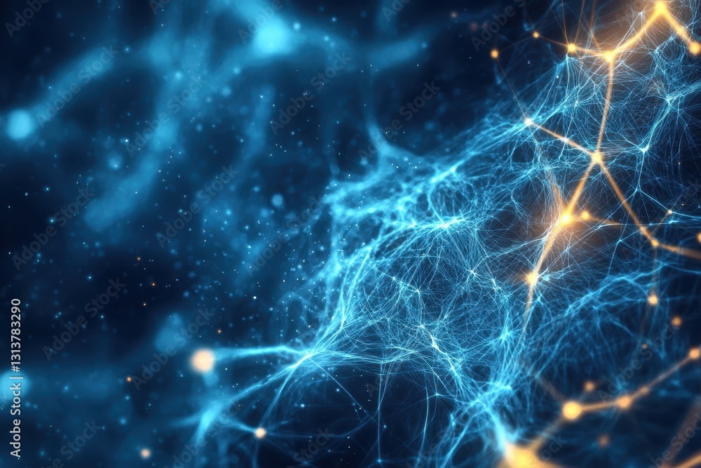 Poster intricate blue and gold network representation illustrating interconnected data points