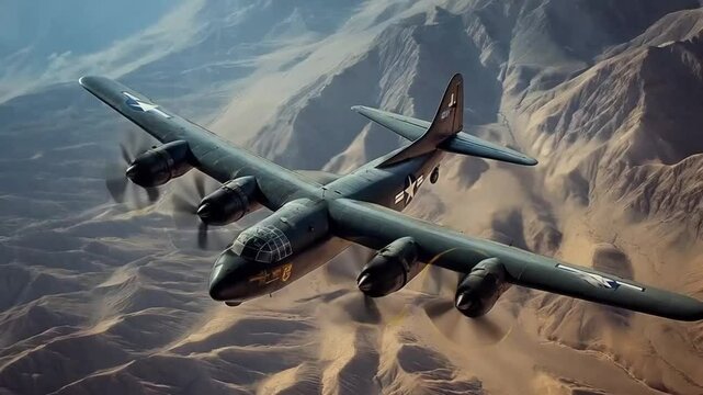 A large military plane is flying over a desert landscape. smooth repeating motion for background video animation