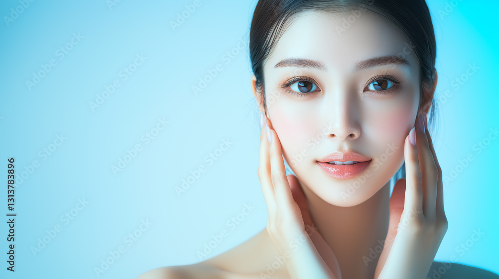 Poster 美肌の若くて綺麗なアジア人女性モデルの美容ポートレート。両手を頬に当てるポーズをしている。テキストスペースあり。