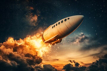Fototapeta premium Rocket ship blasting off into space with fire and clouds against a starry night sky for adventure