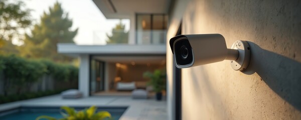 Outdoor surveillance camera on modern house wall. CCTV system provides property security, video monitoring. Home safety tech solution, security service. Security camera installation, surveillance