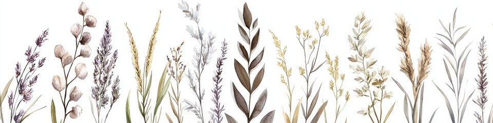 Watercolor Wild Herbs, Banner Of Delicate Dry Twigs, Bohemian Style Element On White Background,