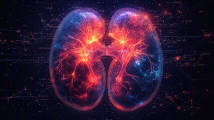 Glowing digital kidneys, medical illustration, network background, healthcare