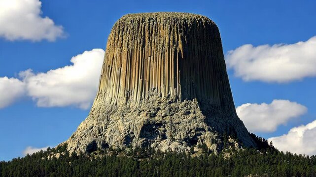 Majestic geological formation of Devils Tower under a vibrant blue sky with clouds, showcasing its unique shape and surrounding landscape