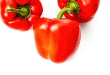 Single vibrant red bell pepper isolated on pure white background, agriculture, macro