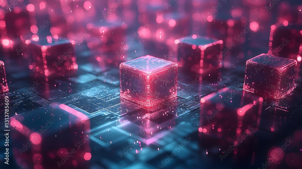 Aufkleber illuminated digital cubes are arranged on a circuit board grid