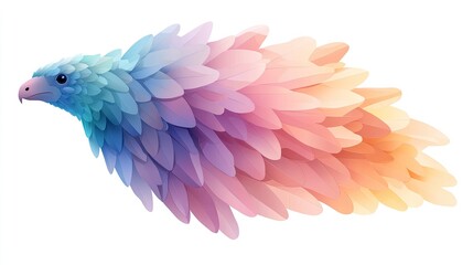 Obraz premium Abstract pastel bird with colorful feathered plumage, side view, isolated on white background.