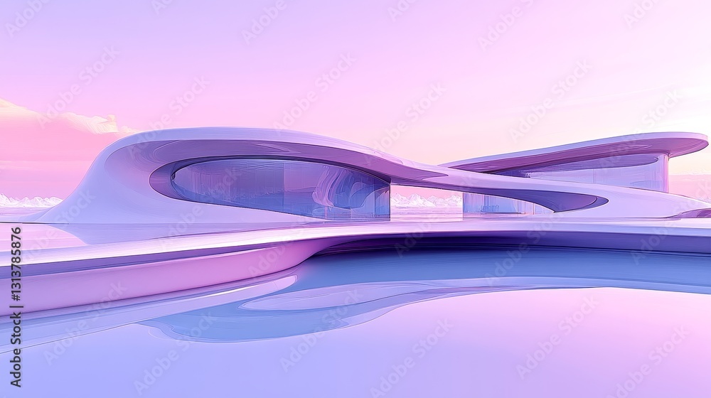 Poster ethereal futuristic architecture reflecting on water surfaces with dreamy lavender sky and modern de