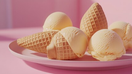 delicious vanilla ice cream cones on pink background
