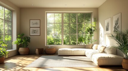 Sunny living room with greenery view, relaxation