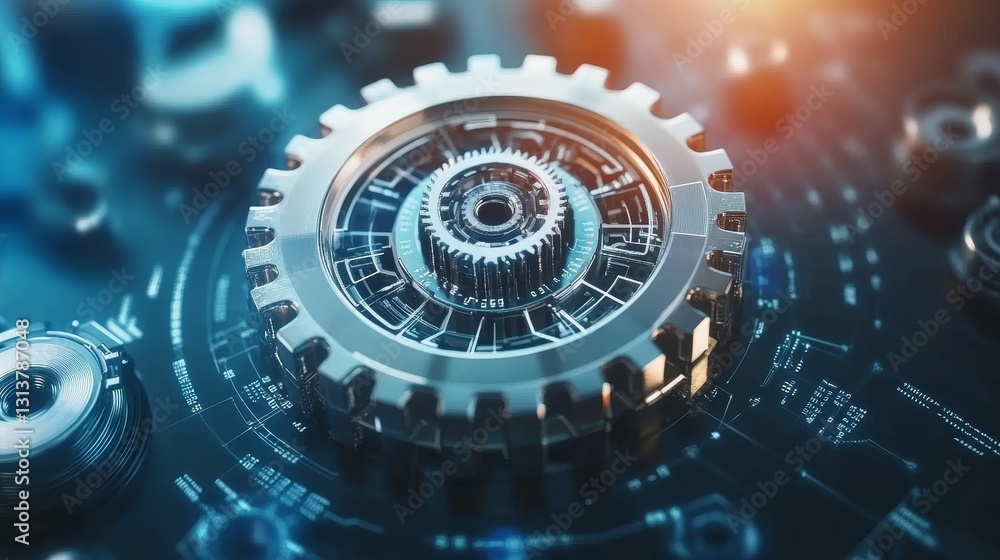 Poster advanced machine learning concept showcasing intricate gear system and complex circuitry for next ge