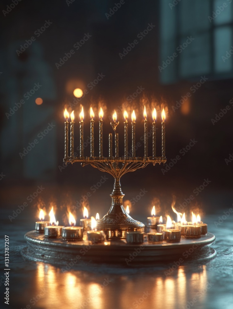 Poster a beautiful menorah with many lit candles sits on a table. the candles are arranged in a way that th